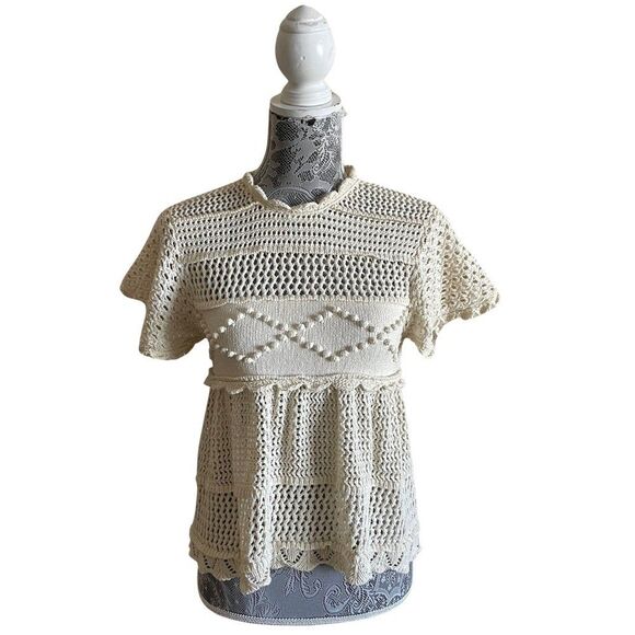 Alexa Chung Cutout Cotton Blend Crochet Knit Top Ecru Size Small - Picture 1 of 6